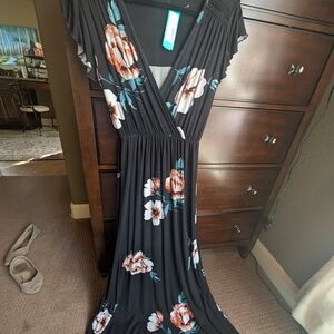 Loveappella Black Maxi Dress with Peach Floral Design